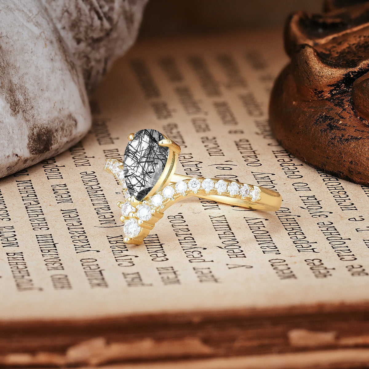 Luxurious Crown 3-Prong Pear Cut Black Rutilated Quartz Engagement Ring