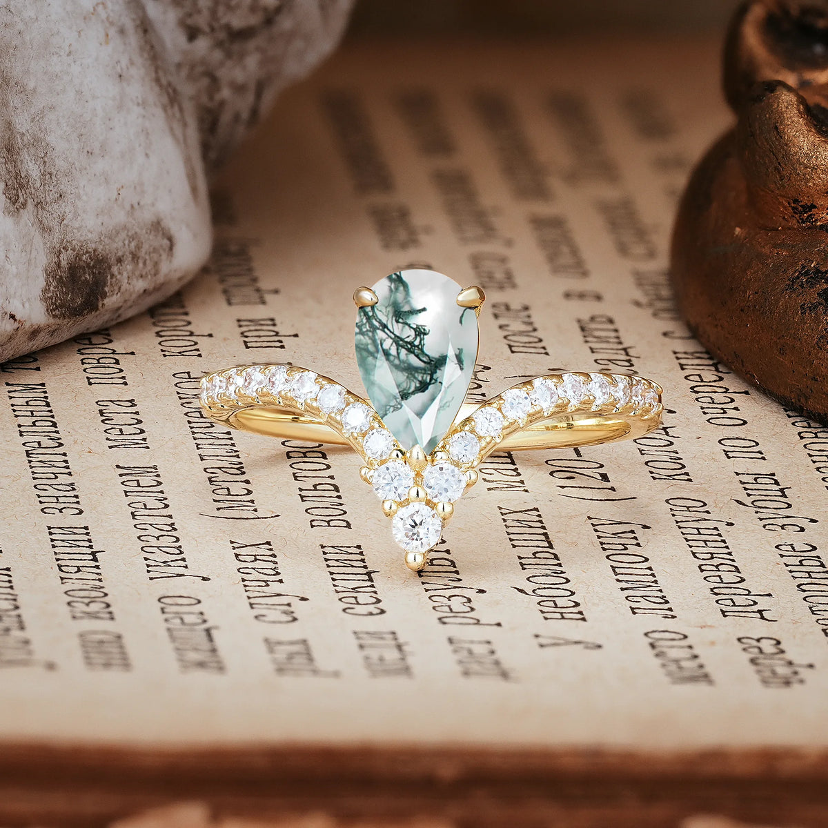 Luxurious Crown 3-Prong Pear Cut Moss Agate Engagement Ring