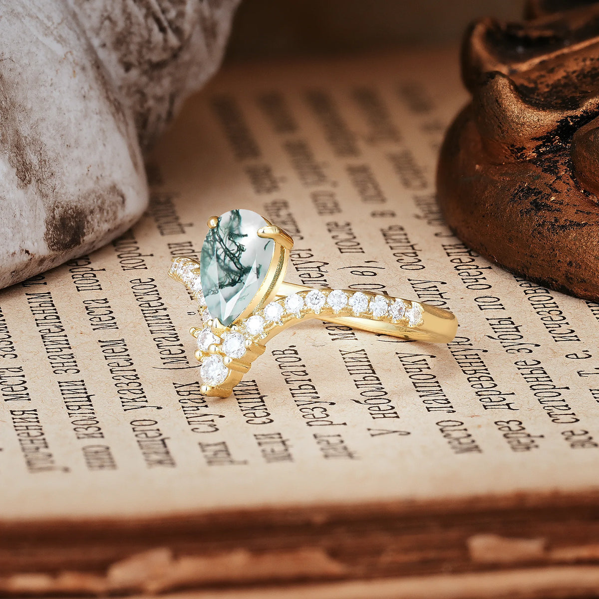 Luxurious Crown 3-Prong Pear Cut Moss Agate Engagement Ring