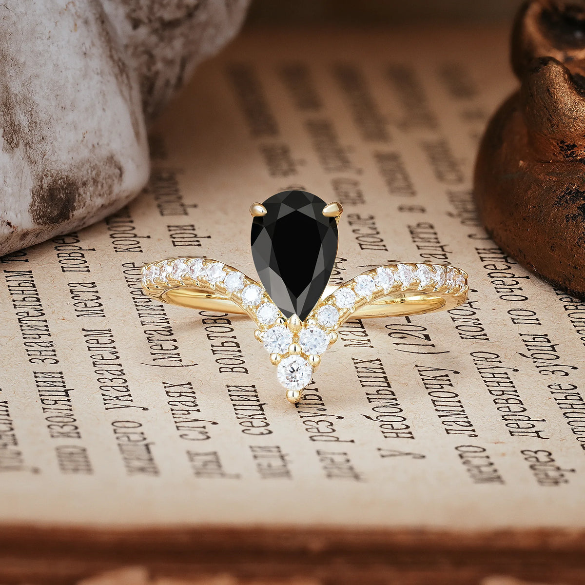Luxurious Crown 3-Prong Pear Cut Black Onyx Engagement Ring