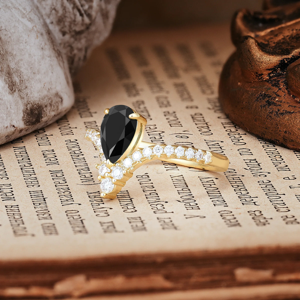 Luxurious Crown 3-Prong Pear Cut Black Onyx Engagement Ring