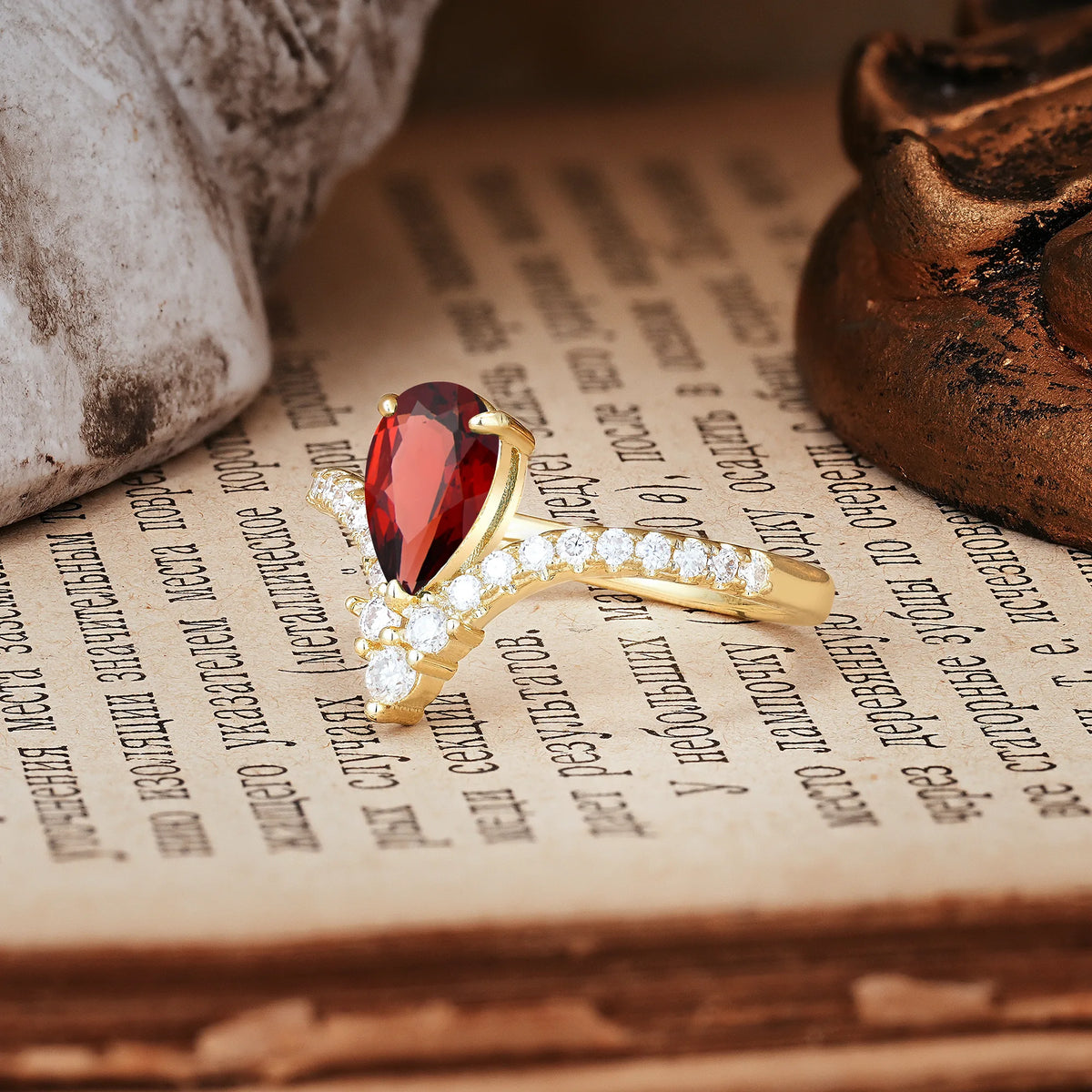 Luxurious Crown 3-Prong Pear Cut Garnet Engagement Ring