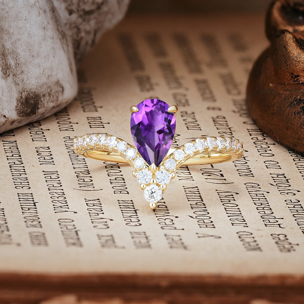 Luxurious Crown 3-Prong Pear Cut Amethyst Engagement Ring