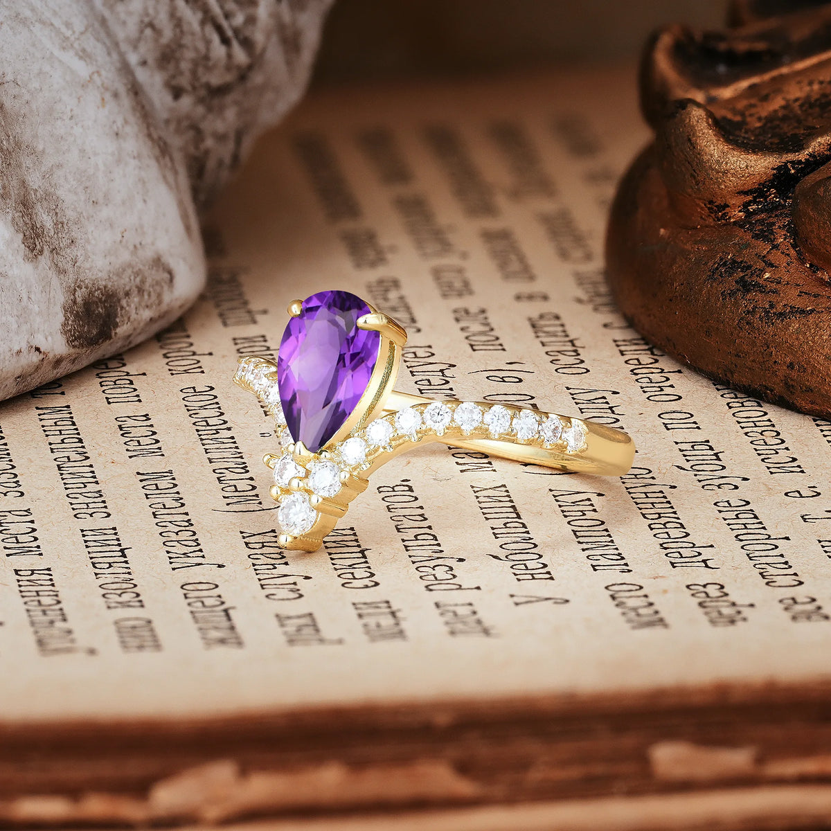 Luxurious Crown 3-Prong Pear Cut Amethyst Engagement Ring
