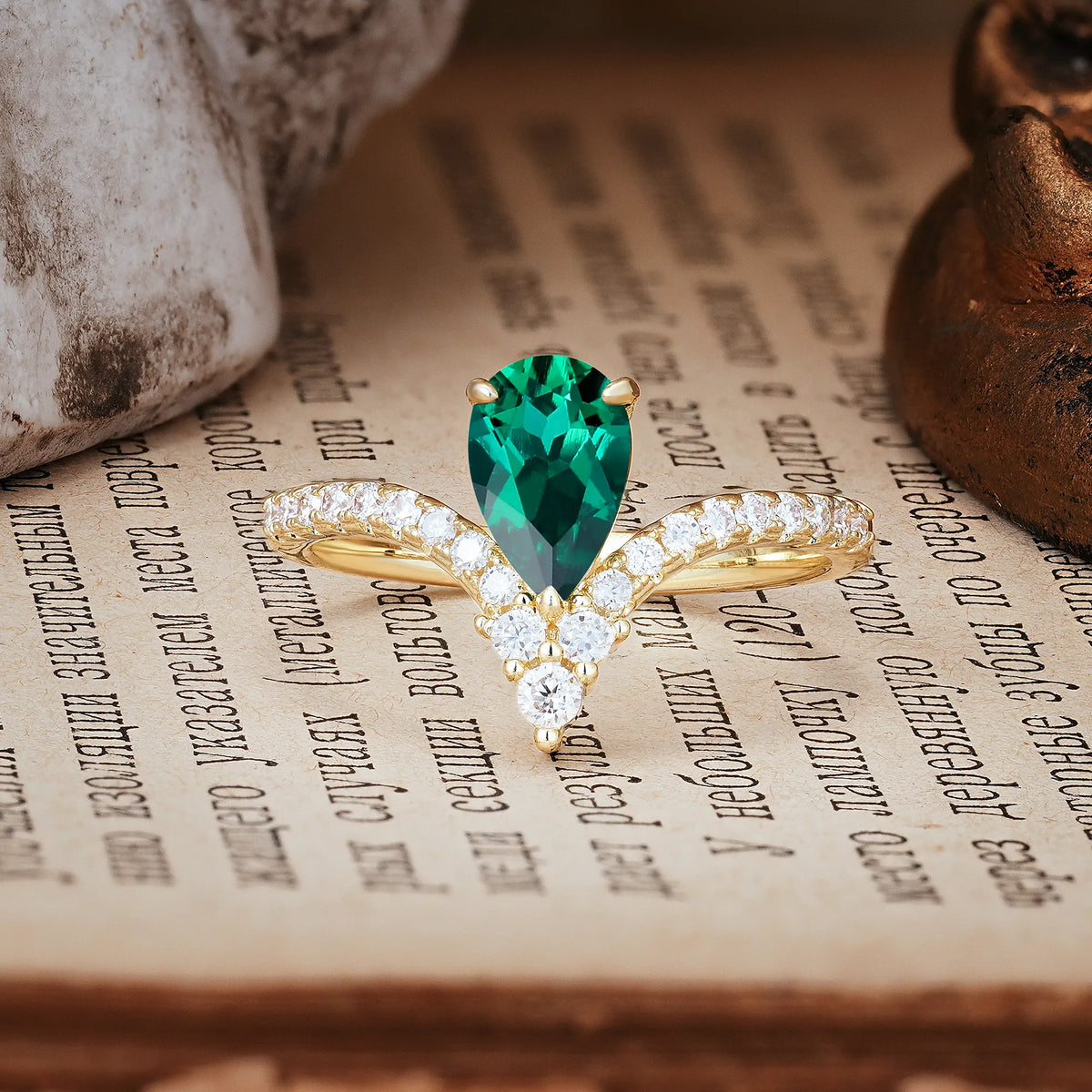 Luxurious Crown 3-Prong Pear Cut Emerald Engagement Ring
