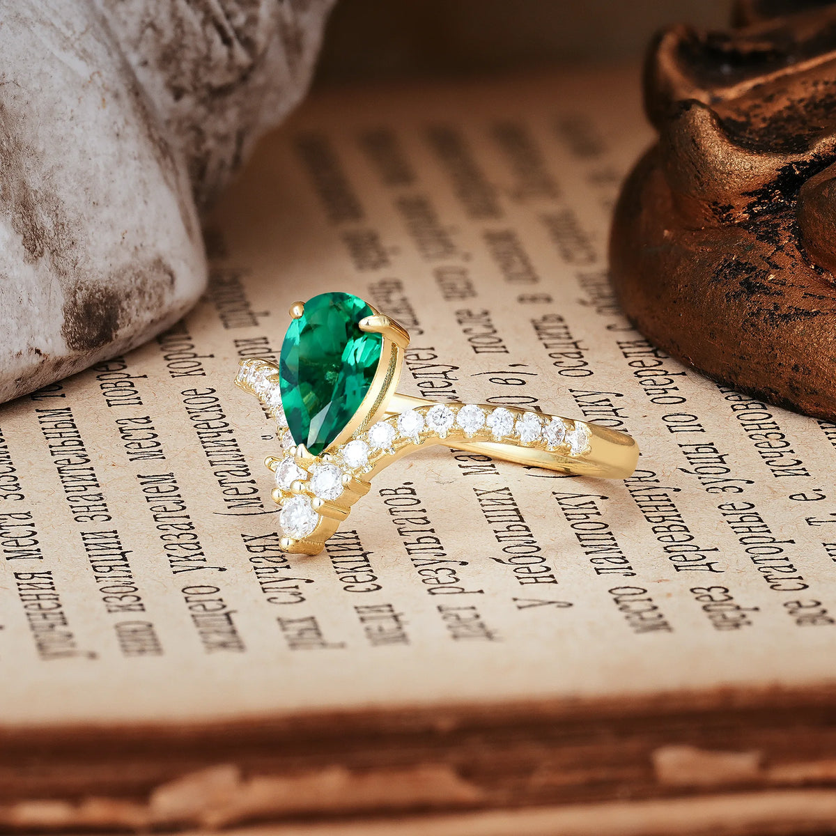 Luxurious Crown 3-Prong Pear Cut Emerald Engagement Ring