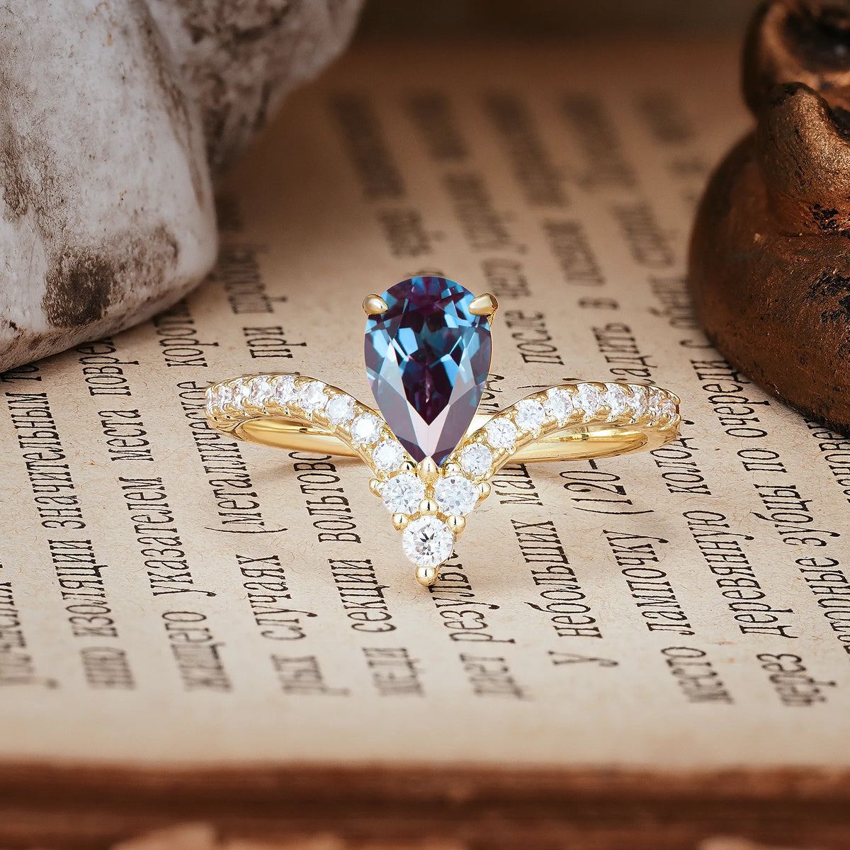 Luxurious Crown 3-Prong Pear Cut Alexandrite Engagement Ring