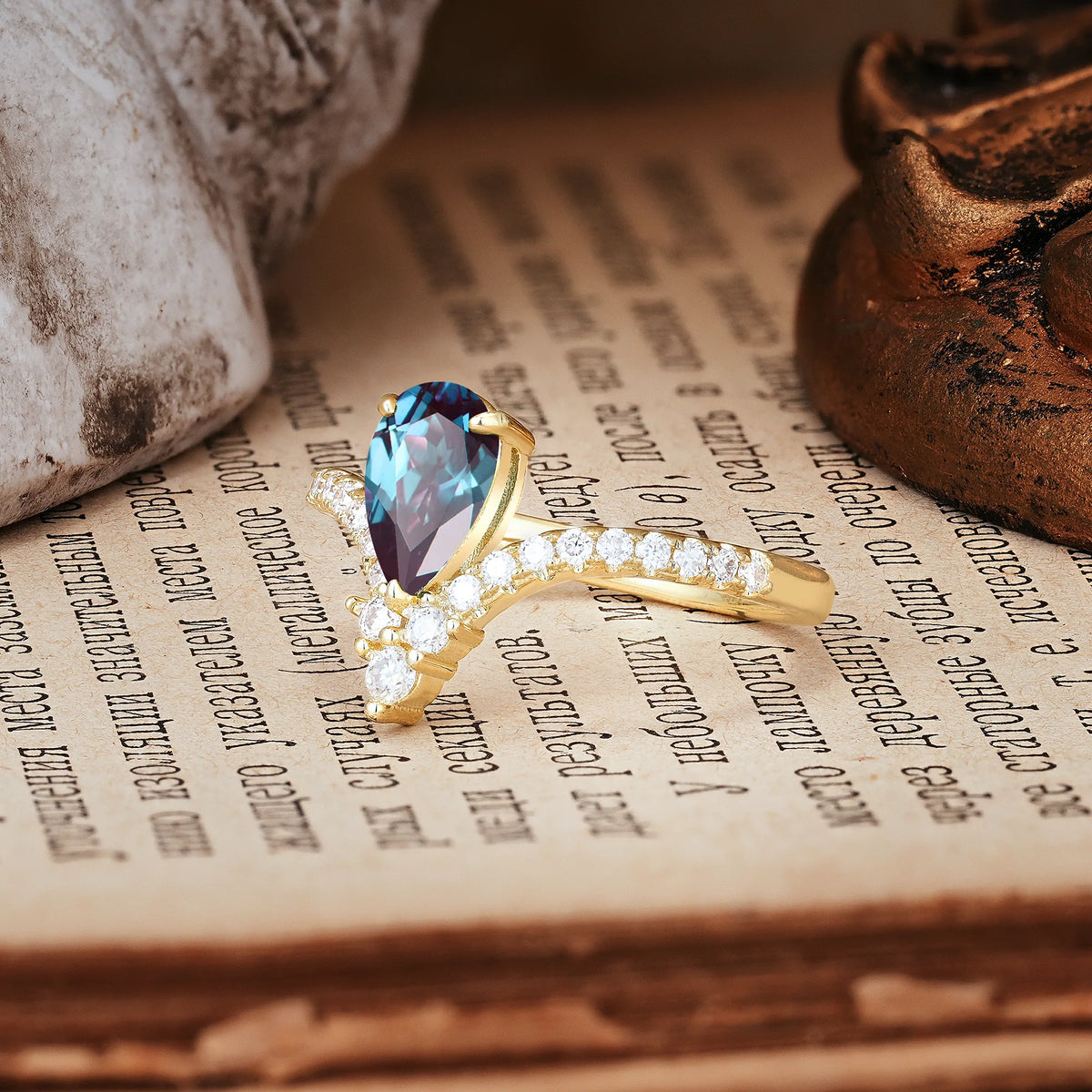 Luxurious Crown 3-Prong Pear Cut Alexandrite Engagement Ring