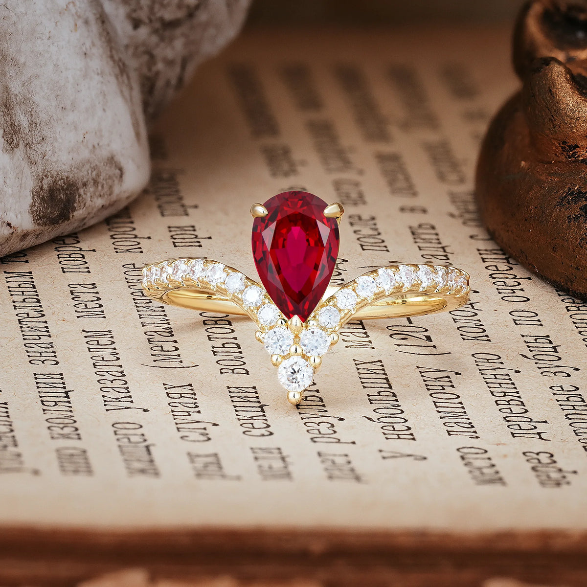 Luxurious Crown 3-Prong Pear Cut Ruby Engagement Ring