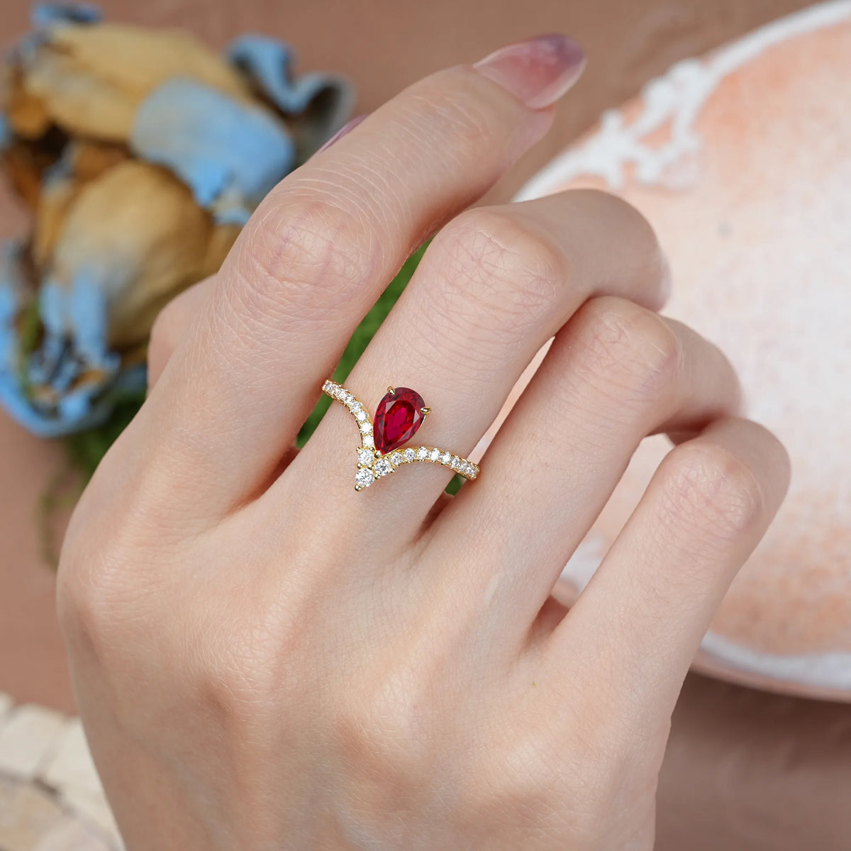 Pear Cut Ruby Luxurious Crown 3-Prong Engagement Ring