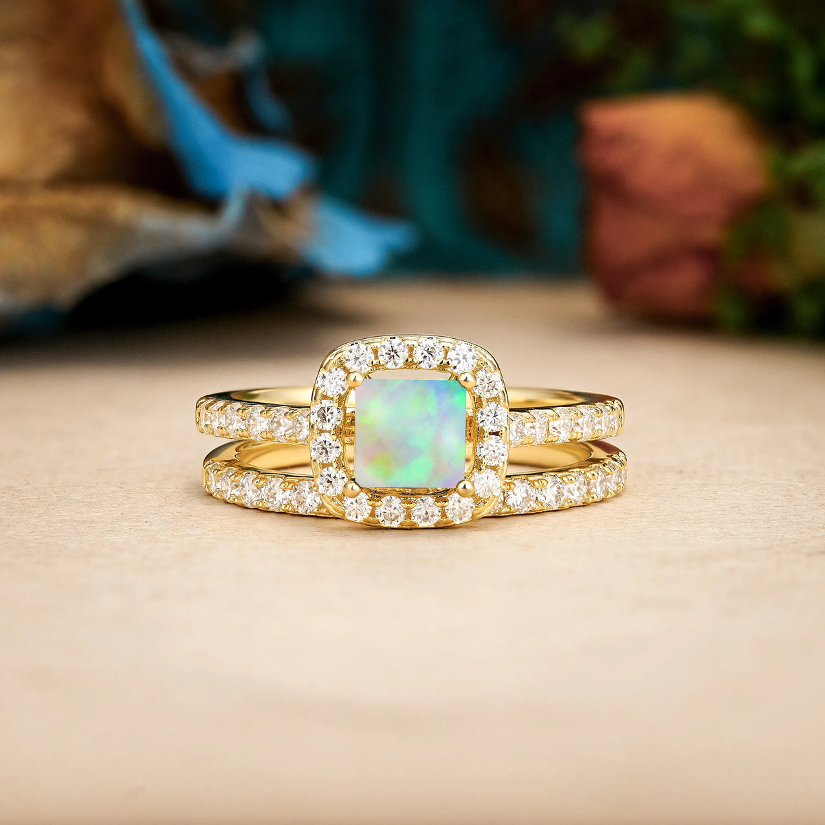 Princess-Cut Fire Opal Classic Channel-Set, Luxurious 4-Prong Bridal Ring Set