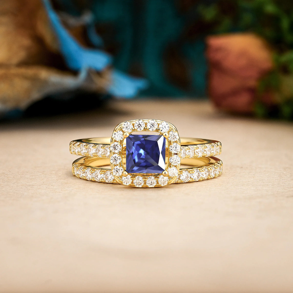 Princess-Cut Tanzanite Classic Channel-Set, Luxurious 4-Prong Bridal Ring Set