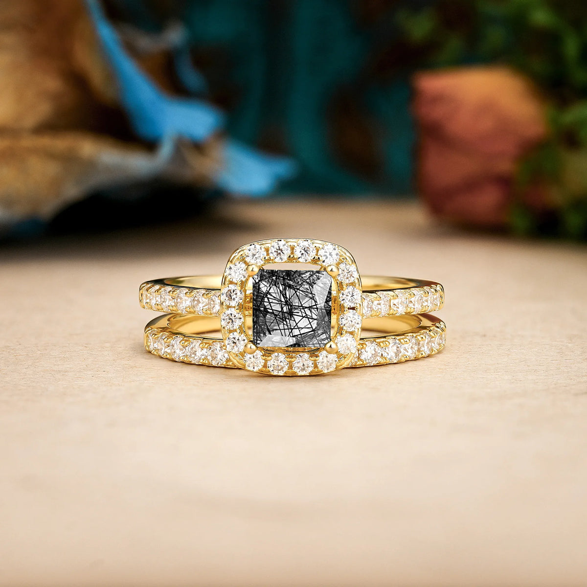 Princess-Cut Black Rutilated Quartz Classic Channel-Set, Luxurious 4-Prong Bridal Ring Set