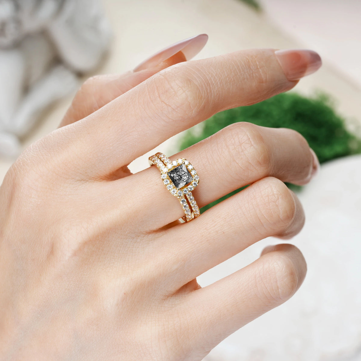Princess-Cut Black Rutilated Quartz Classic Channel-Set, Luxurious 4-Prong Bridal Ring Set
