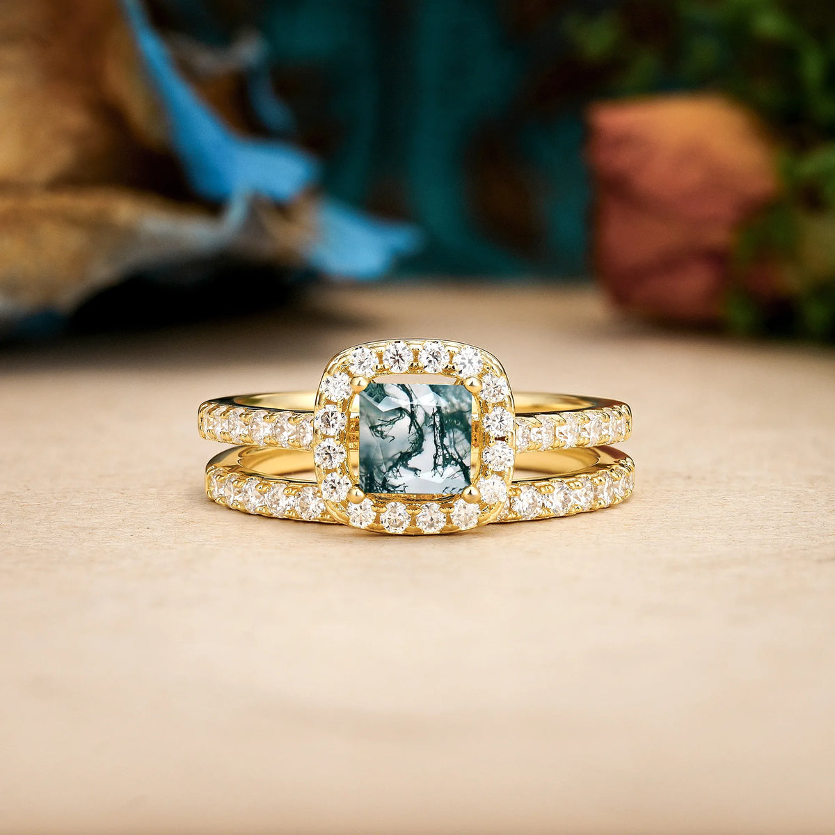 Princess-Cut Moss Agate Classic Channel-Set, Luxurious 4-Prong Bridal Ring Set