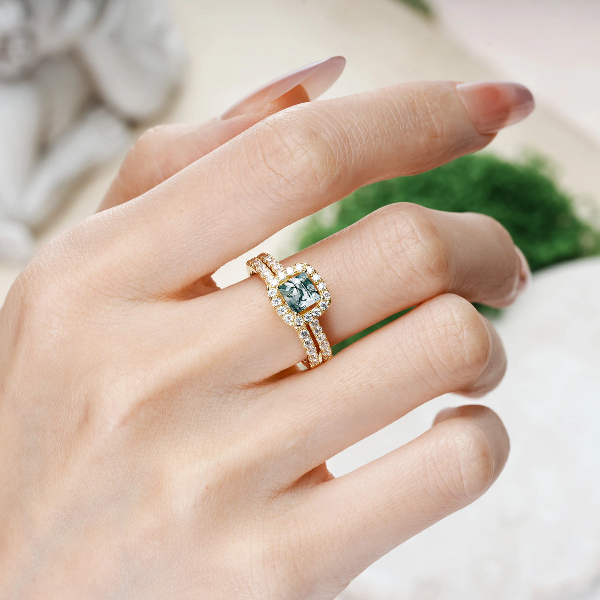 Princess-Cut Moss Agate Classic Channel-Set, Luxurious 4-Prong Bridal Ring Set