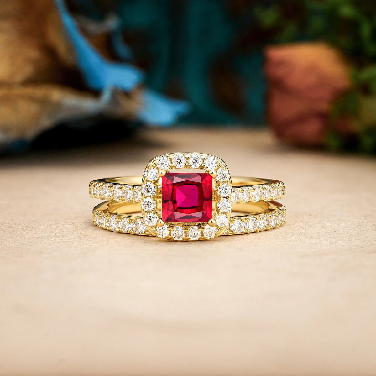 Princess-Cut Ruby Classic Channel-Set, Luxurious 4-Prong Bridal Ring Set