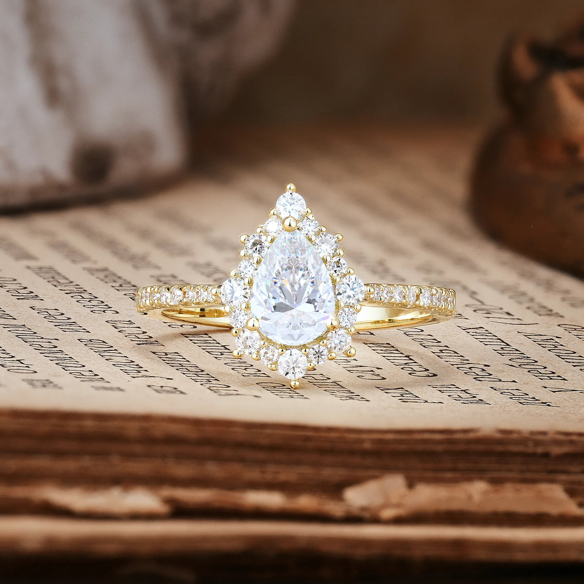 Classic Pavé-Set, Luxurious 3-Prong Pear-Cut Moissanite Engagement Ring