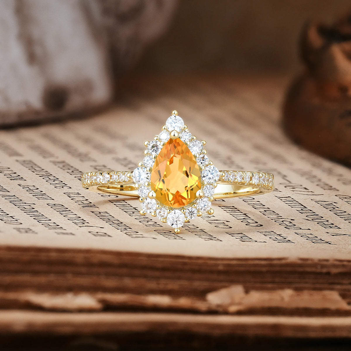 Classic Pavé-Set, Luxurious 3-Prong Pear-Cut Citrine Engagement Ring