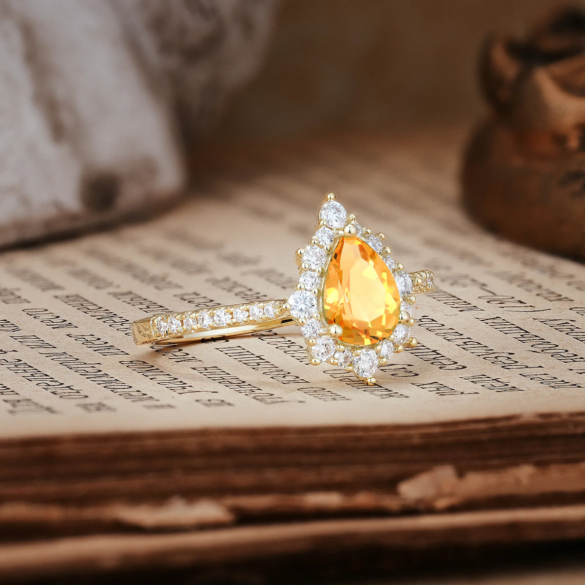 Classic Pavé-Set, Luxurious 3-Prong Pear-Cut Citrine Engagement Ring