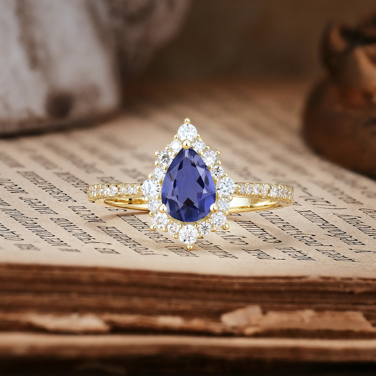 Classic Pavé-Set, Luxurious 3-Prong Pear-Cut Tanzanite Engagement Ring