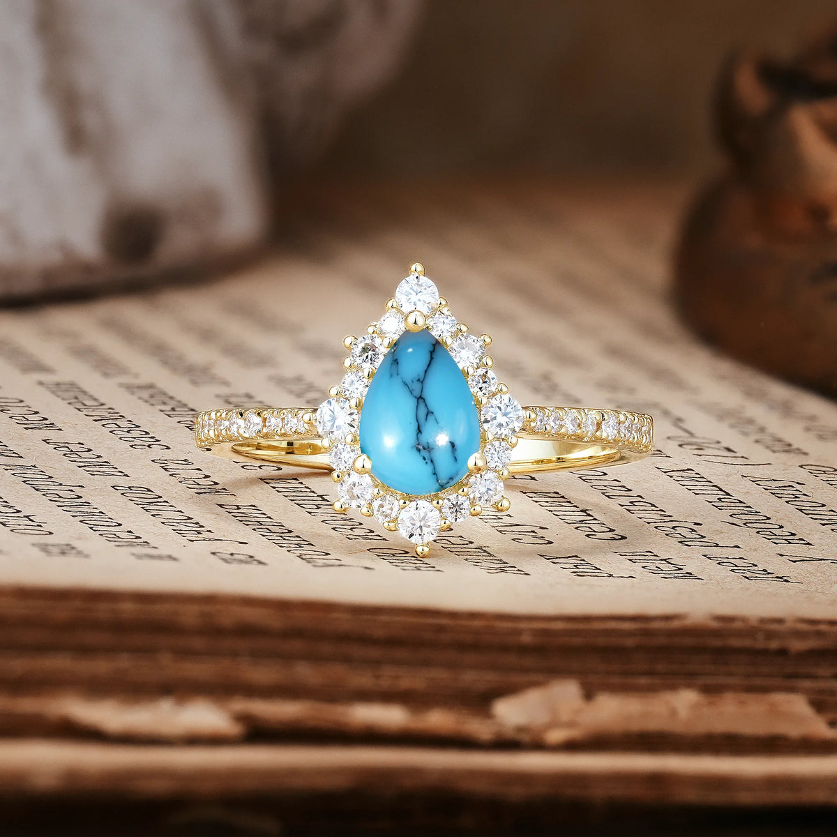 Classic Pavé-Set, Luxurious 3-Prong Pear-Cut Turquoise Engagement Ring
