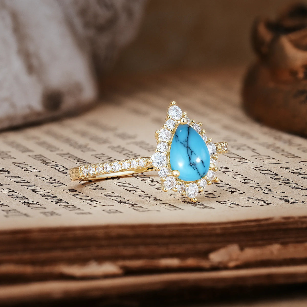 Classic Pavé-Set, Luxurious 3-Prong Pear-Cut Turquoise Engagement Ring