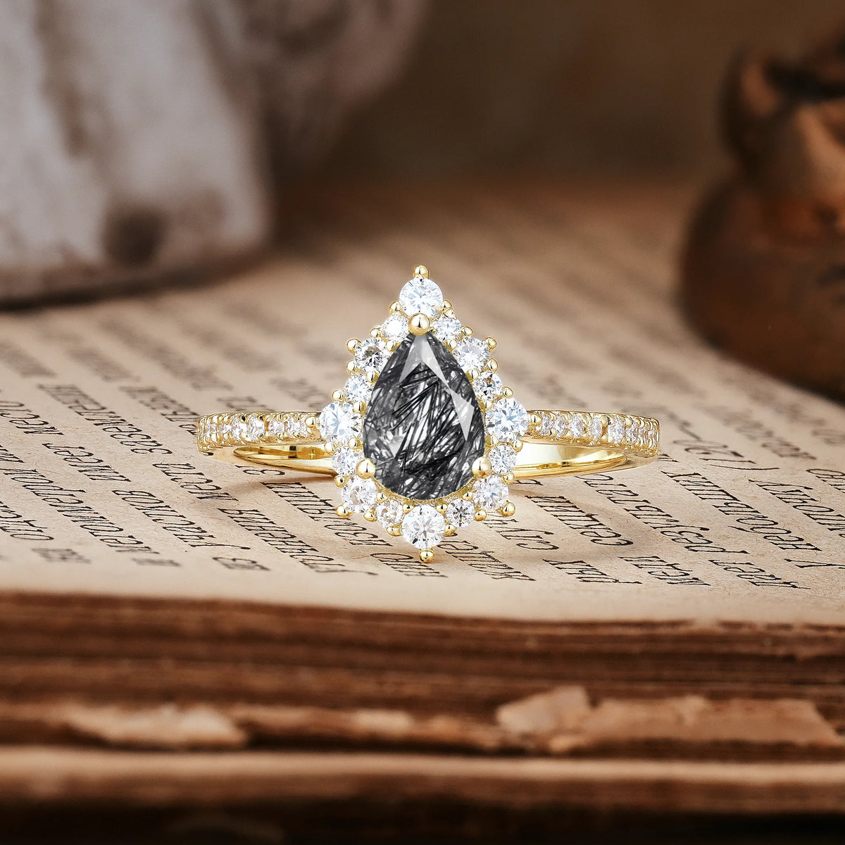 Classic Pavé-Set, Luxurious 3-Prong Pear-Cut Black Rutilated Quartz Engagement Ring
