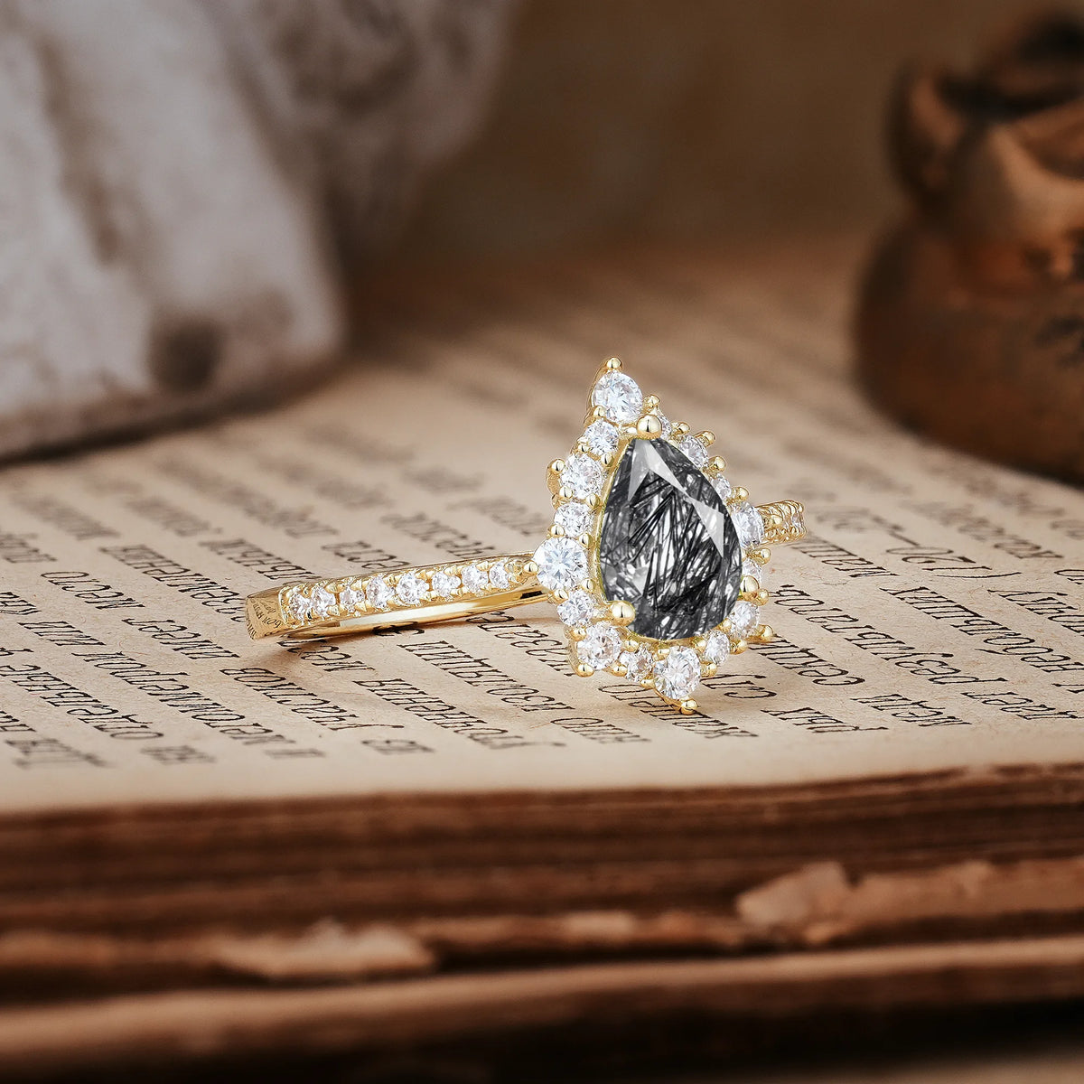 Classic Pavé-Set, Luxurious 3-Prong Pear-Cut Black Rutilated Quartz Engagement Ring