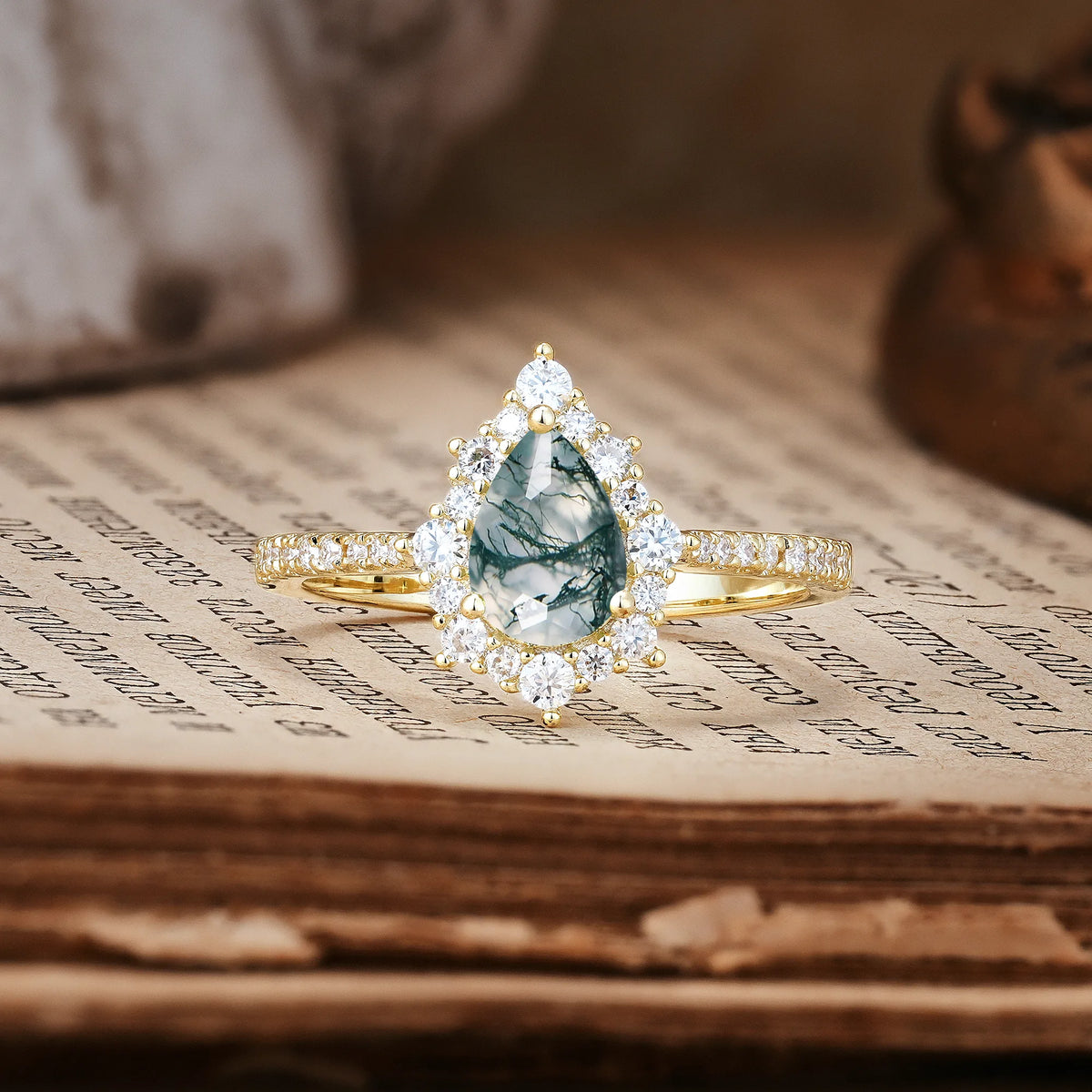 Classic Pavé-Set, Luxurious 3-Prong Pear-Cut Moss Agate Engagement Ring