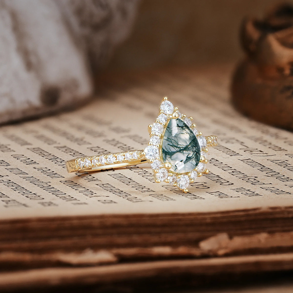 Classic Pavé-Set, Luxurious 3-Prong Pear-Cut Moss Agate Engagement Ring