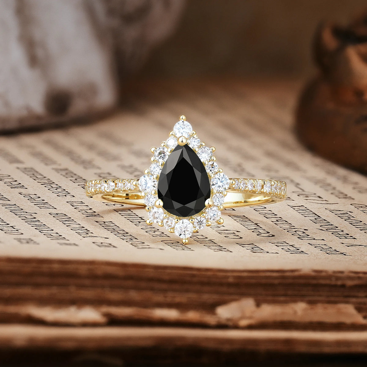 Classic Pavé-Set, Luxurious 3-Prong Pear-Cut Black Onyx Engagement Ring