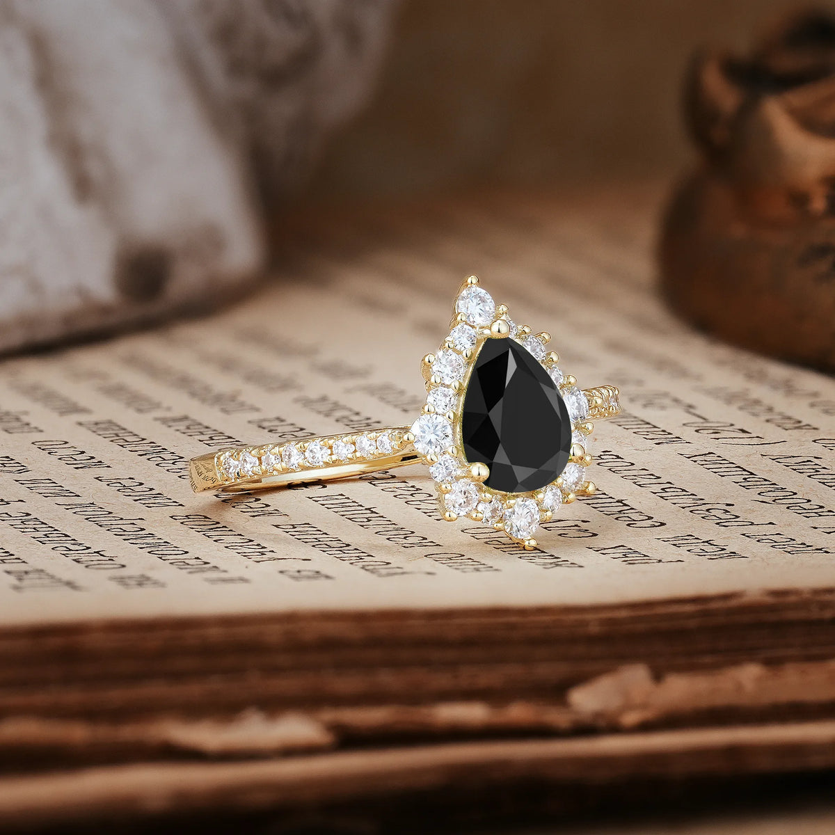Classic Pavé-Set, Luxurious 3-Prong Pear-Cut Black Onyx Engagement Ring