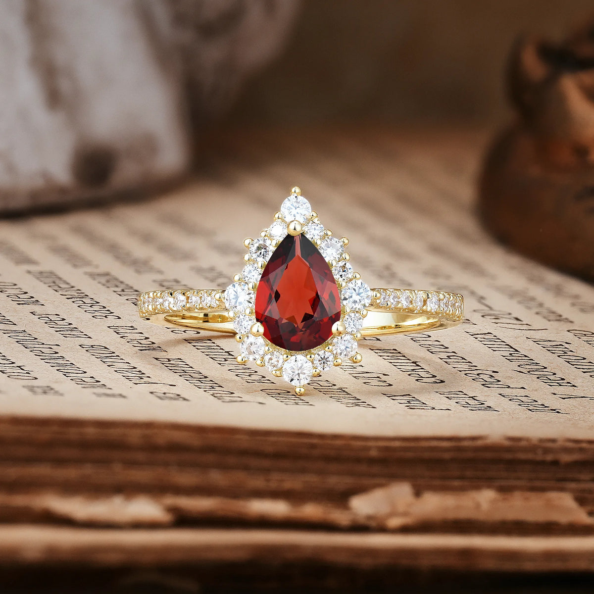 Classic Pavé-Set, Luxurious 3-Prong Pear-Cut Garnet Engagement Ring
