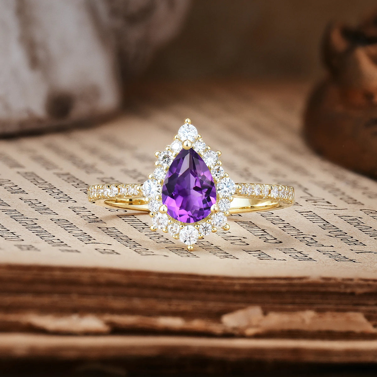Classic Pavé-Set, Luxurious 3-Prong Pear-Cut Amethyst Engagement Ring