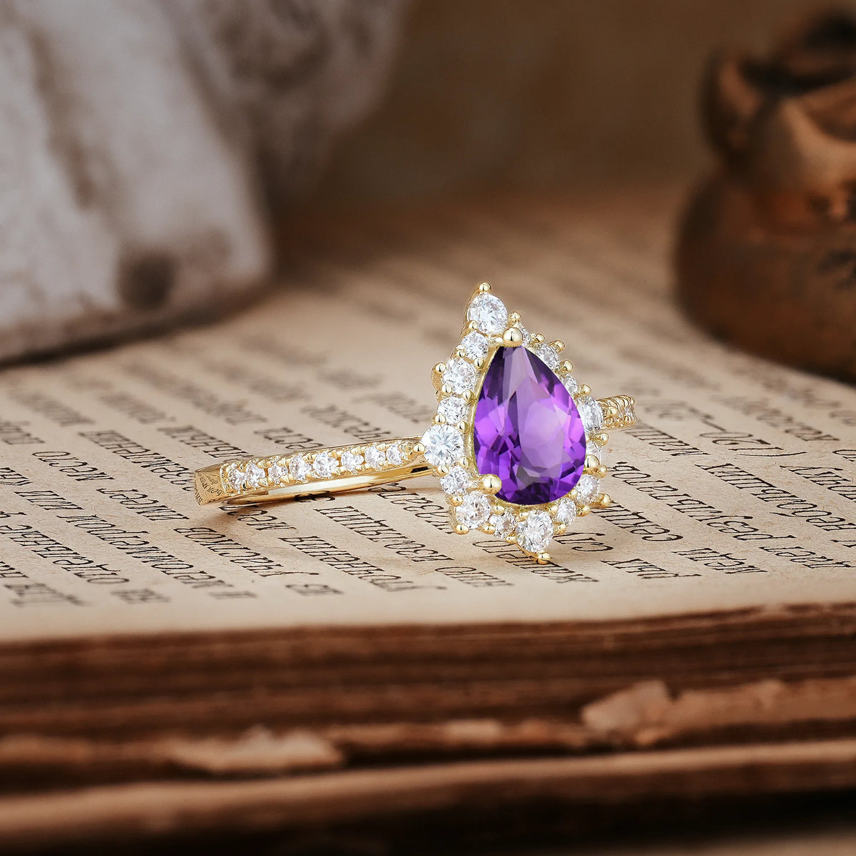 Classic Pavé-Set, Luxurious 3-Prong Pear-Cut Amethyst Engagement Ring