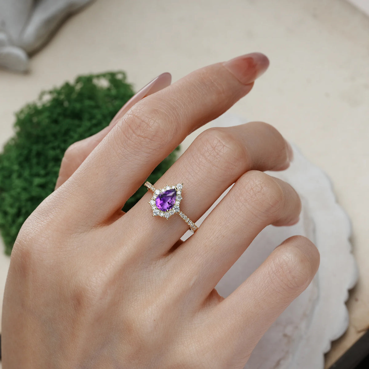 Pear-Cut Amethyst Classic Pavé-Set, Luxurious 3-Prong Engagement Ring