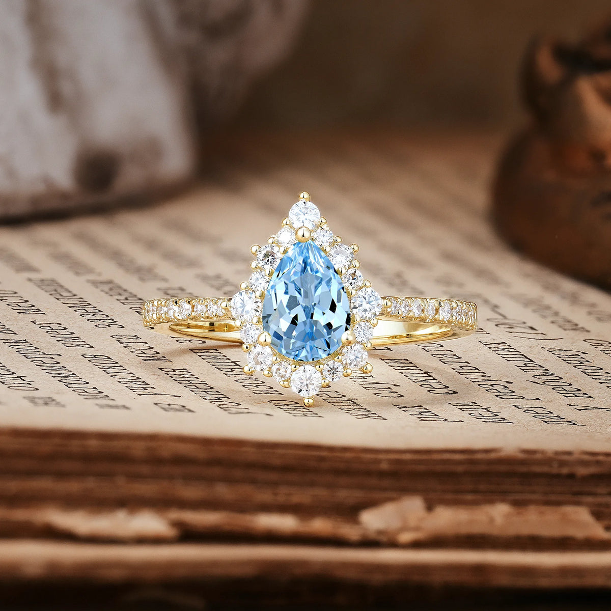 Classic Pavé-Set, Luxurious 3-Prong Pear-Cut Aquamarine Engagement Ring