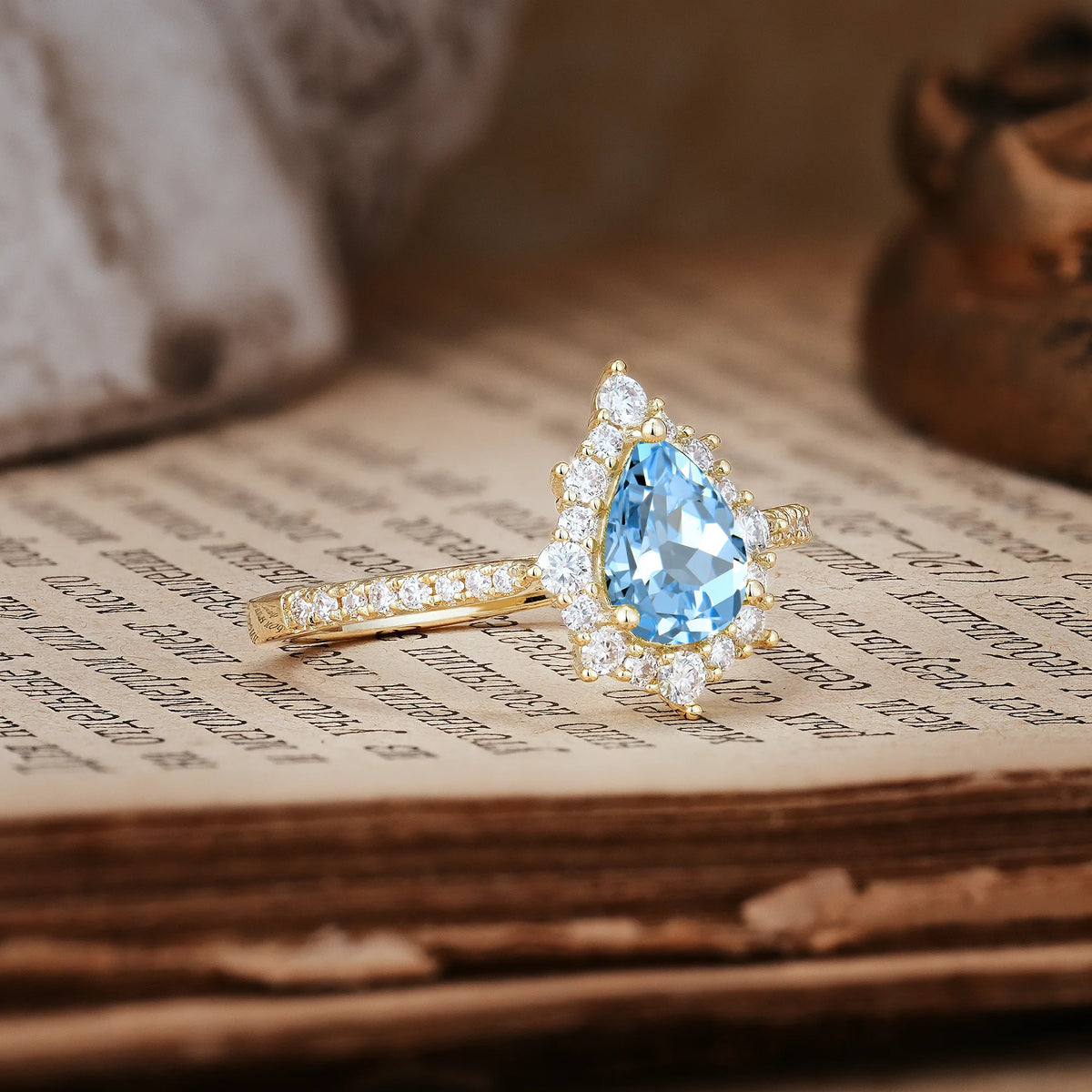 Classic Pavé-Set, Luxurious 3-Prong Pear-Cut Aquamarine Engagement Ring