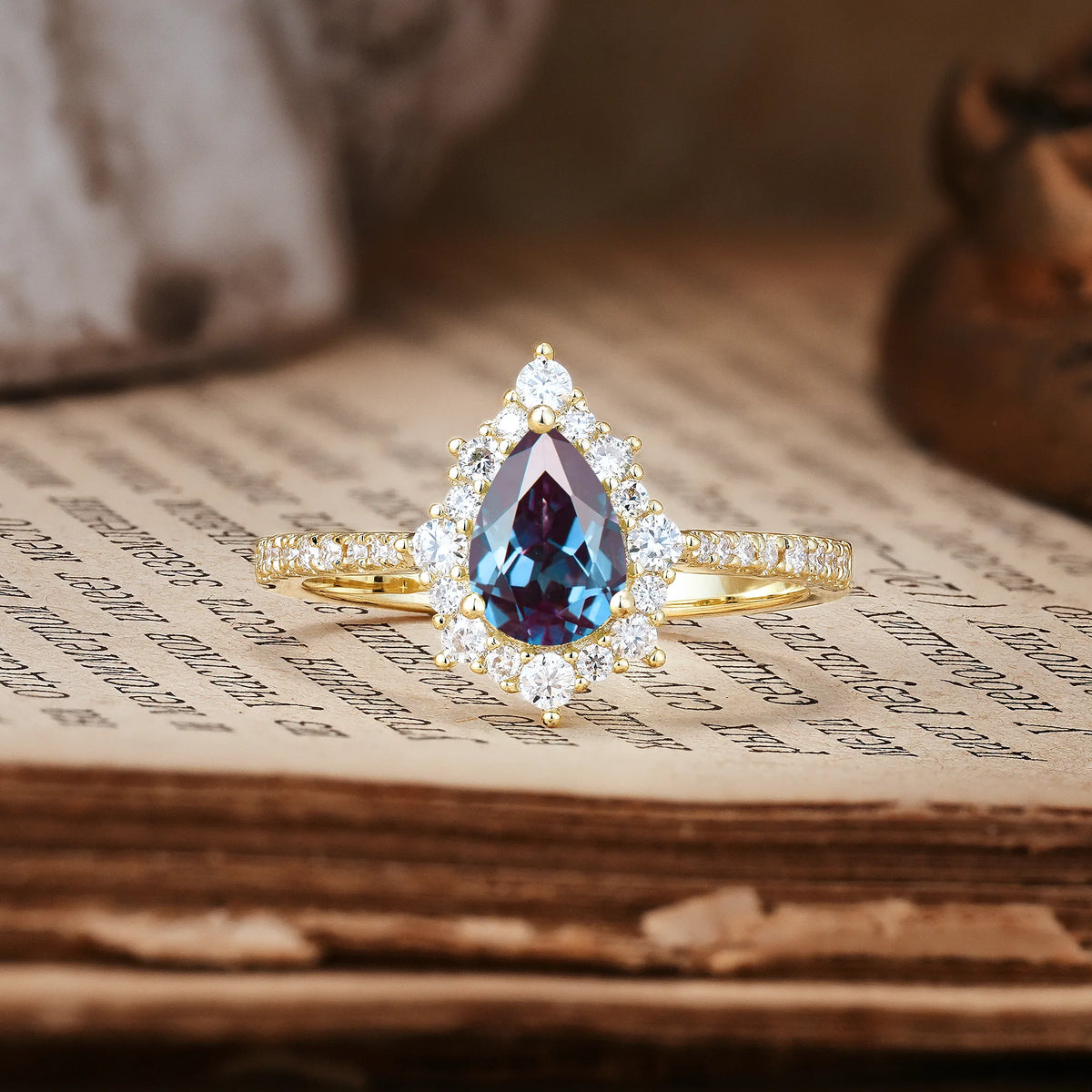 Classic Pavé-Set, Luxurious 3-Prong Pear-Cut Alexandrite Engagement Ring