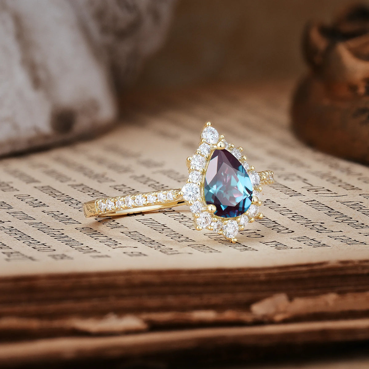 Classic Pavé-Set, Luxurious 3-Prong Pear-Cut Alexandrite Engagement Ring