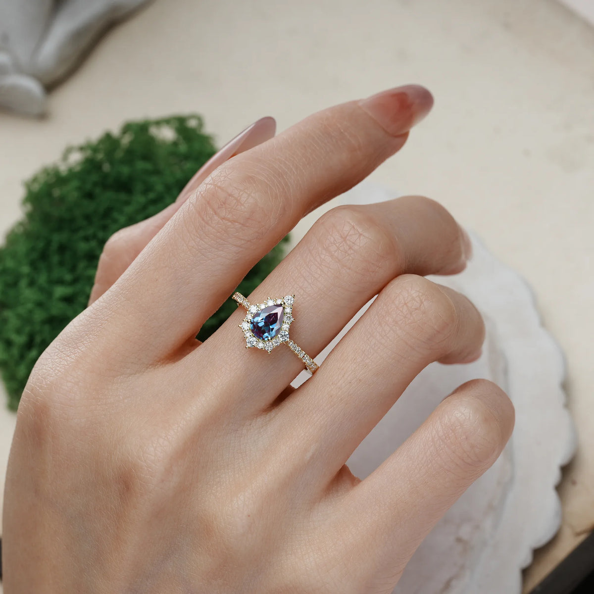 Pear-Cut Alexandrite Classic Pavé-Set, Luxurious 3-Prong Engagement Ring