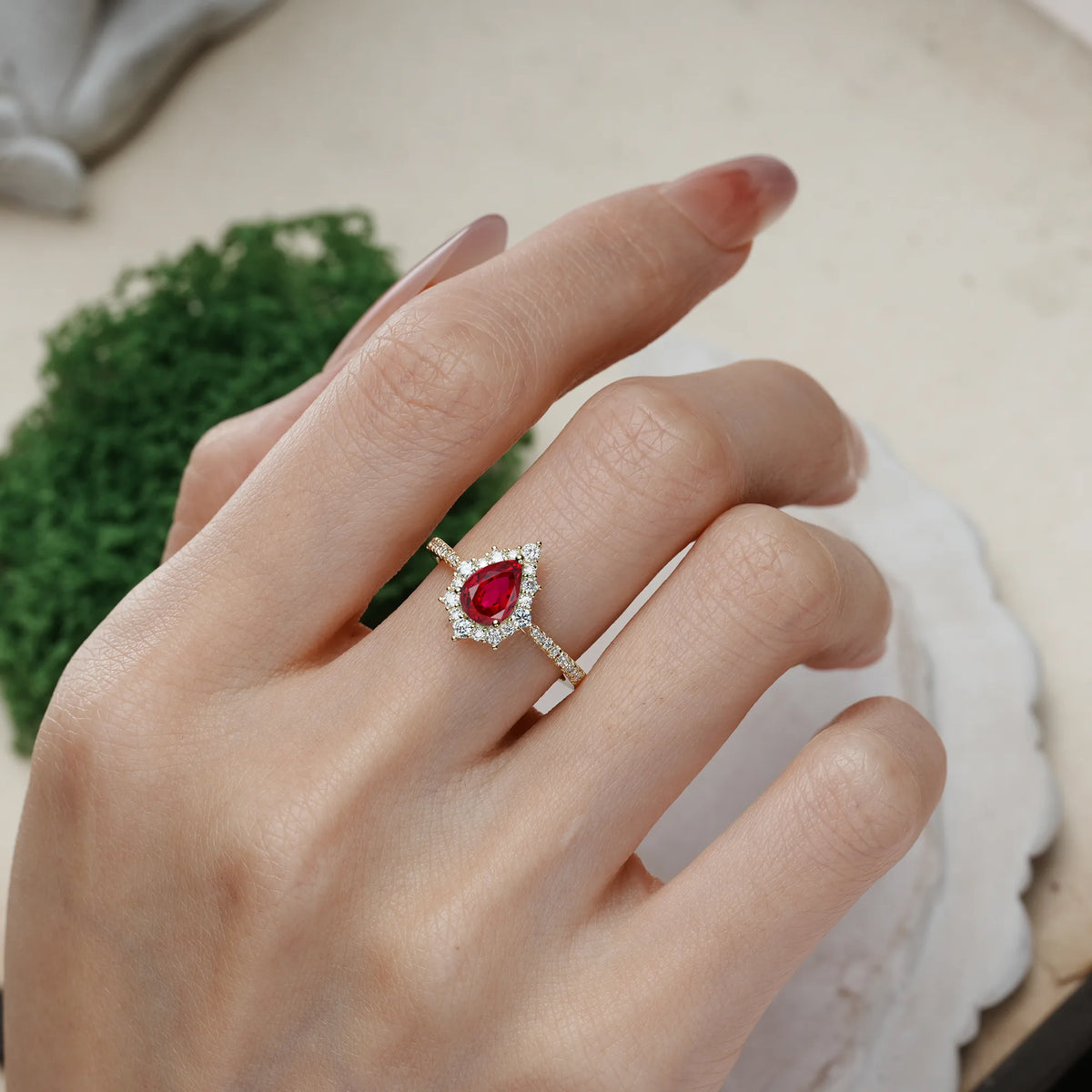Pear-Cut Ruby Classic Pavé-Set, Luxurious 3-Prong Engagement Ring