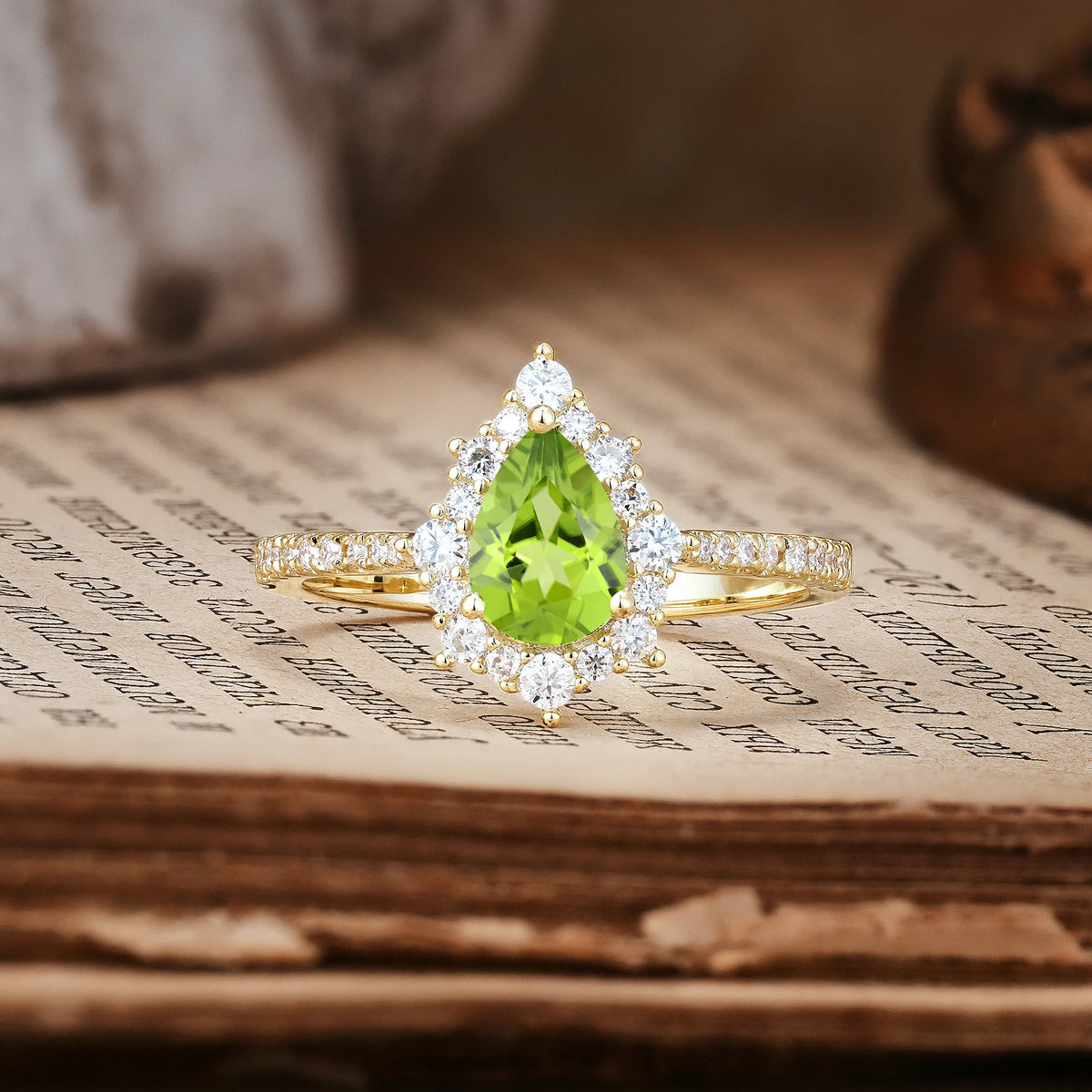 Classic Pavé-Set, Luxurious 3-Prong Pear-Cut Peridot Engagement Ring