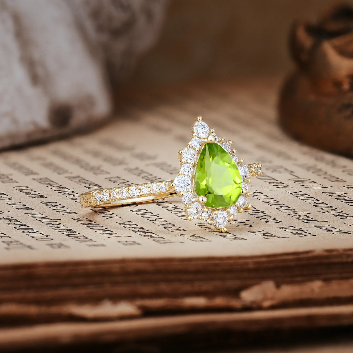 Classic Pavé-Set, Luxurious 3-Prong Pear-Cut Peridot Engagement Ring