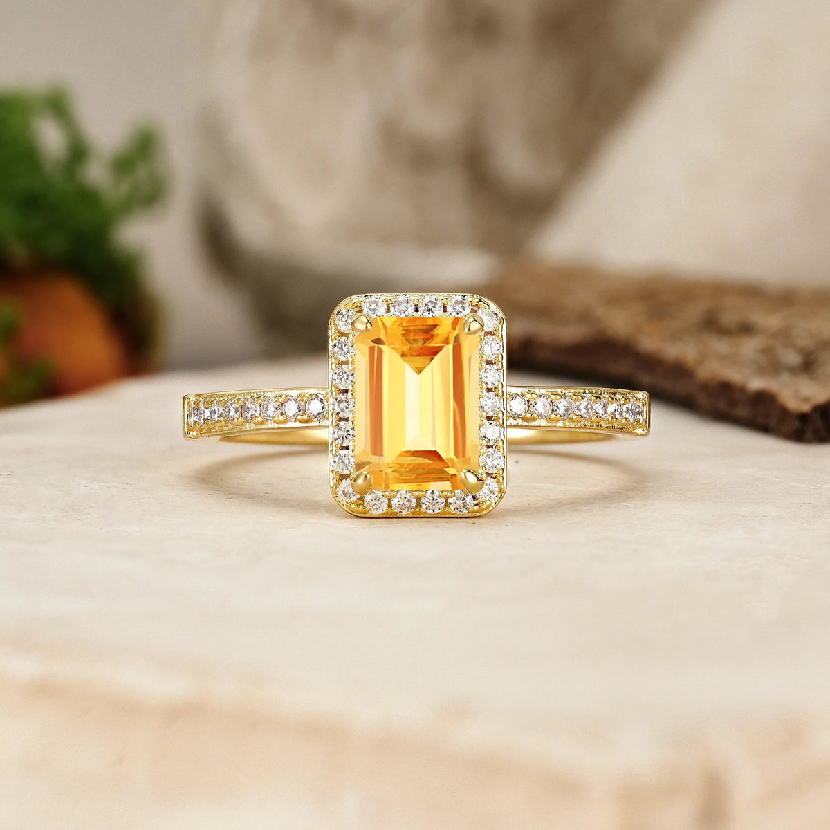 Emerald-Cut Citrine Classic Pavé-Set, Luxurious 4-Prong Engagement Ring