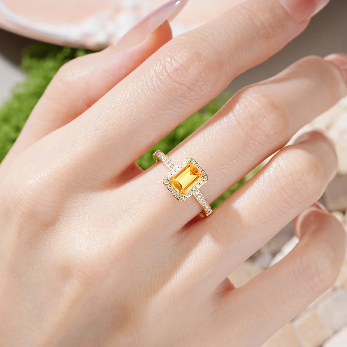 Emerald-Cut Citrine Classic Pavé-Set, Luxurious 4-Prong Engagement Ring