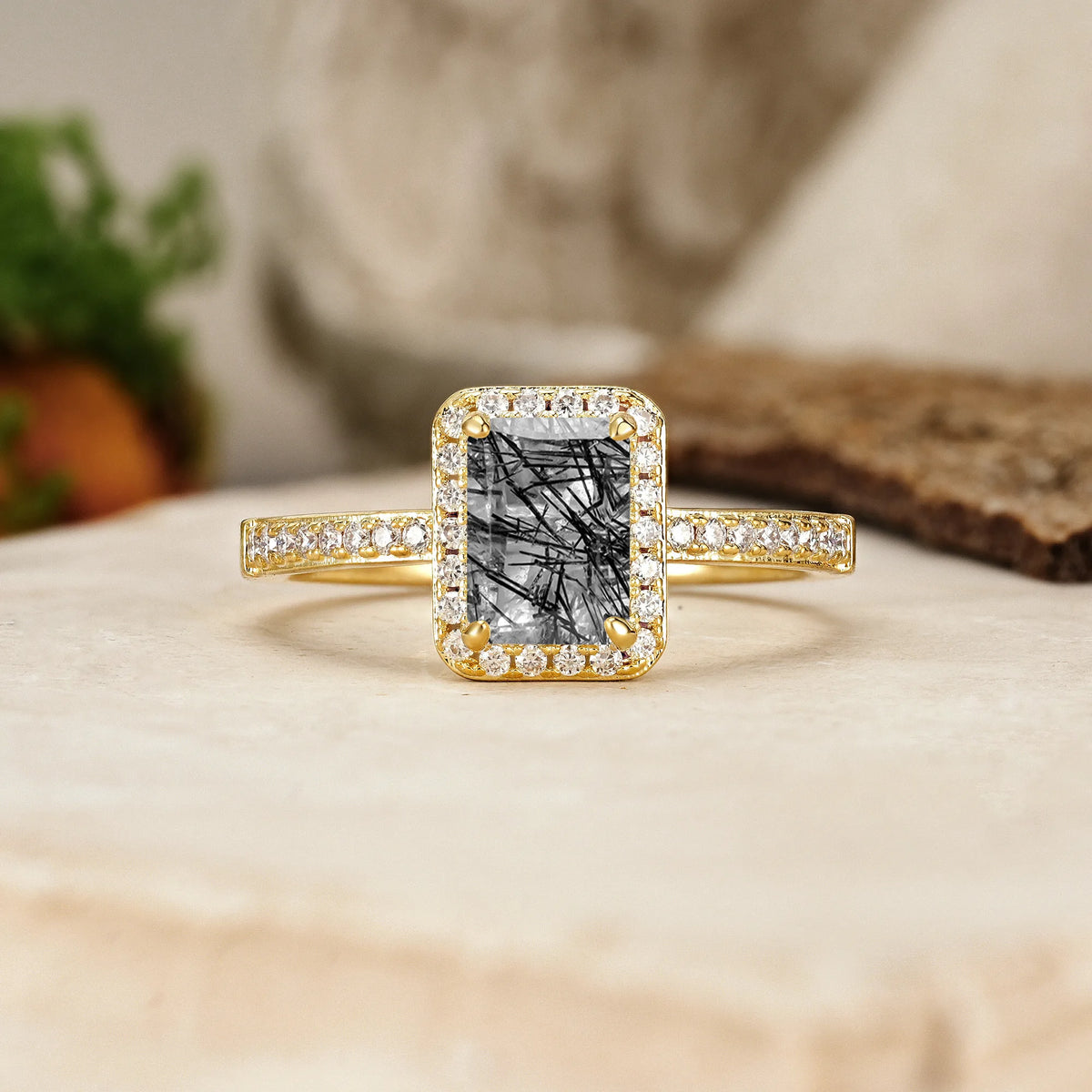 Emerald-Cut Black Rutilated Quartz Classic Pavé-Set, Luxurious 4-Prong Engagement Ring