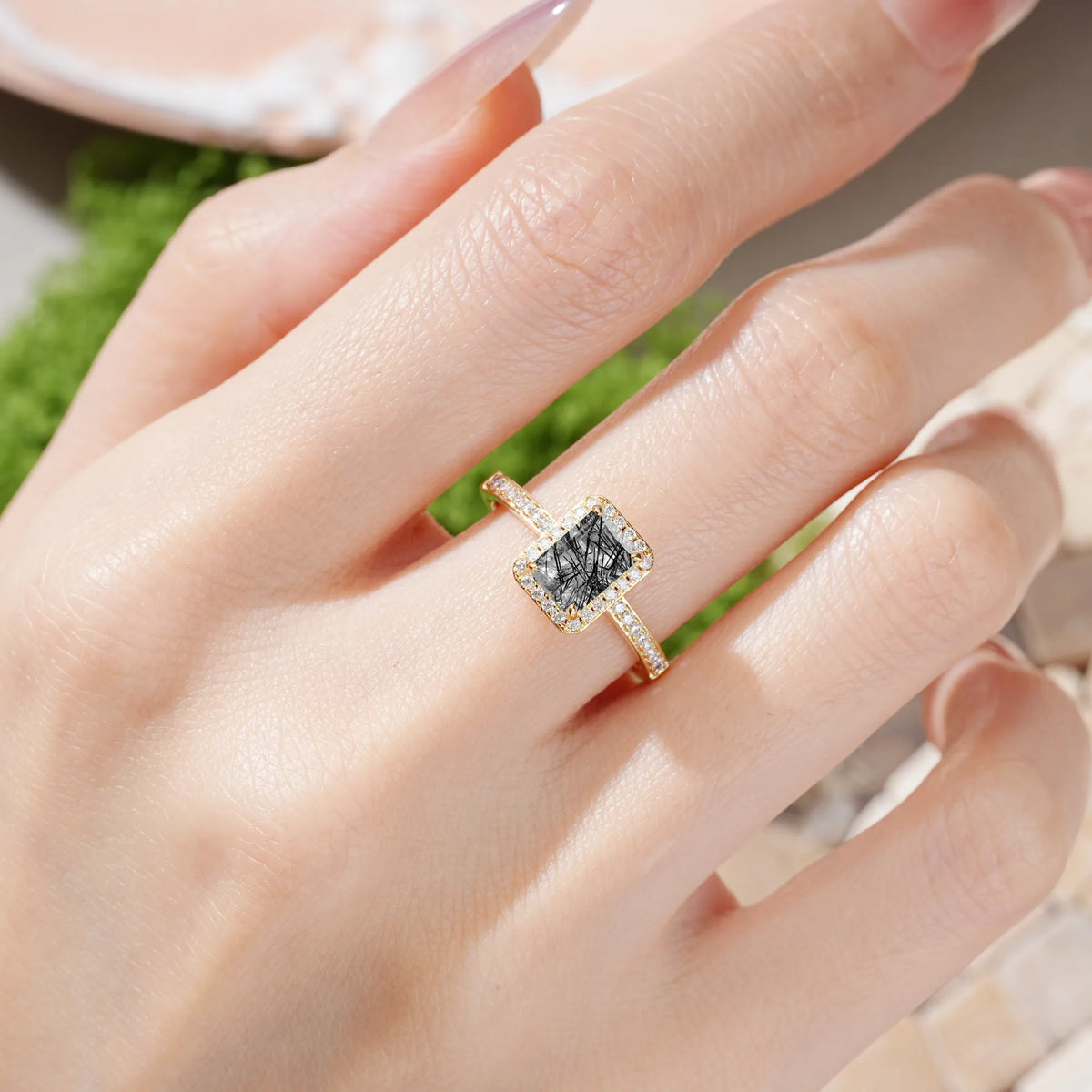 Emerald-Cut Black Rutilated Quartz Classic Pavé-Set, Luxurious 4-Prong Engagement Ring