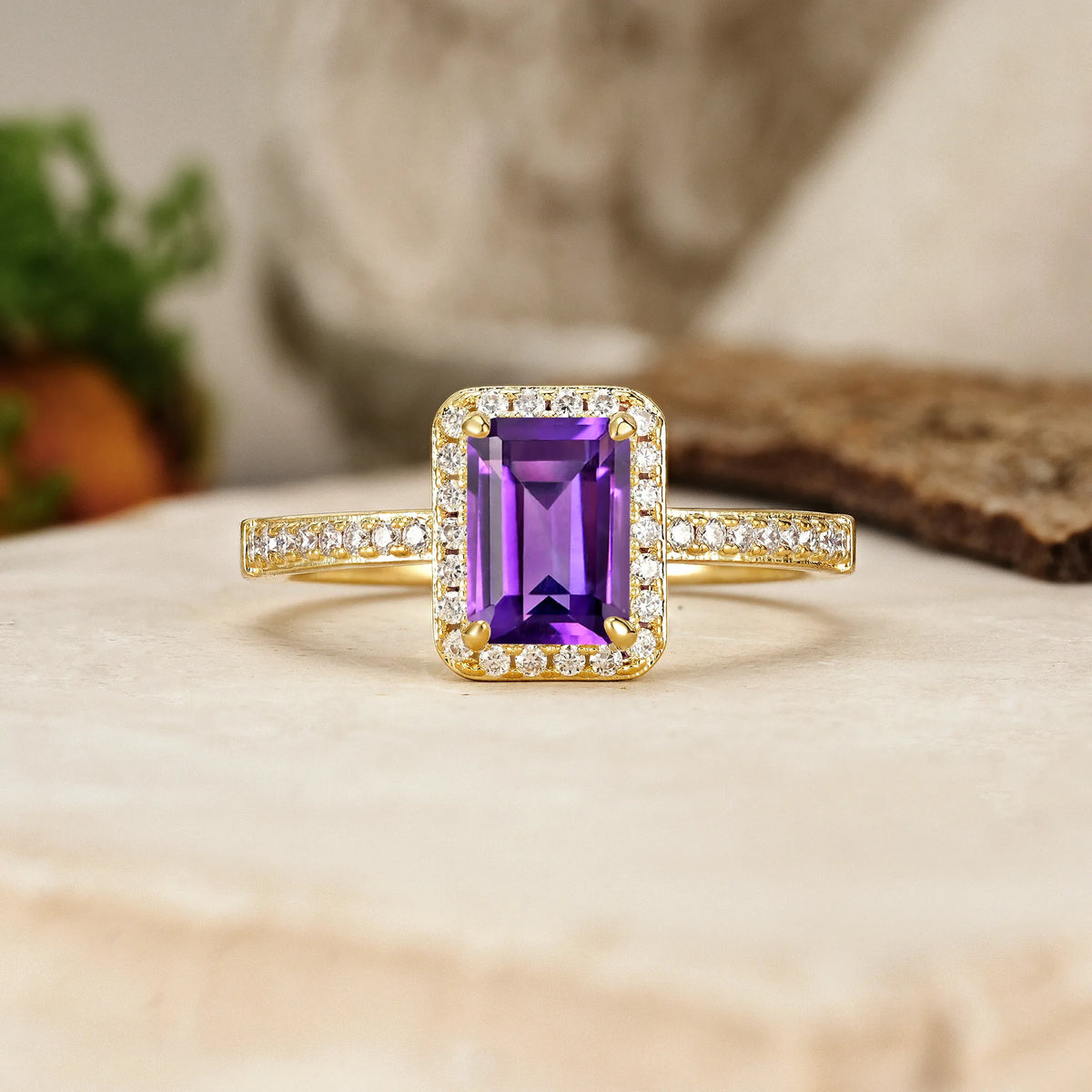 Emerald-Cut Amethyst Classic Pavé-Set, Luxurious 4-Prong Engagement Ring